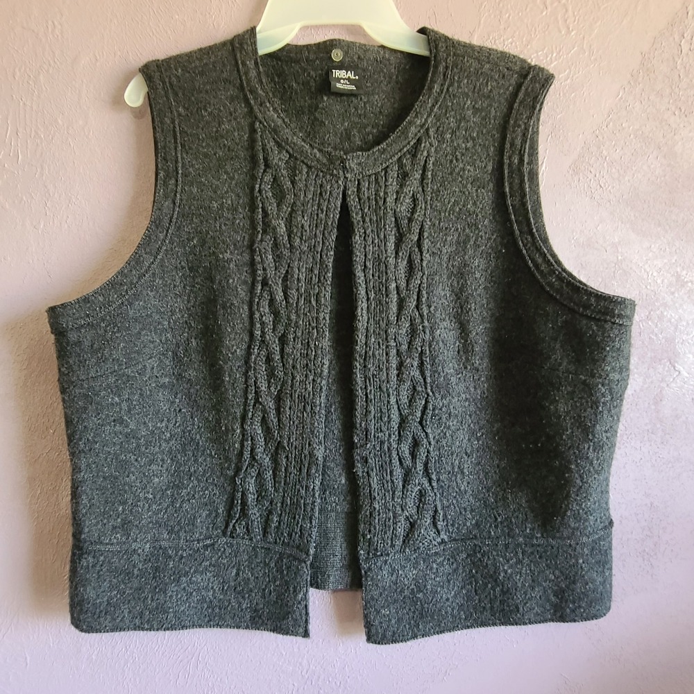 Tribal Sweater Vest Women Large Gray Vintage Boiled Wool Cable Knit Sleeveless